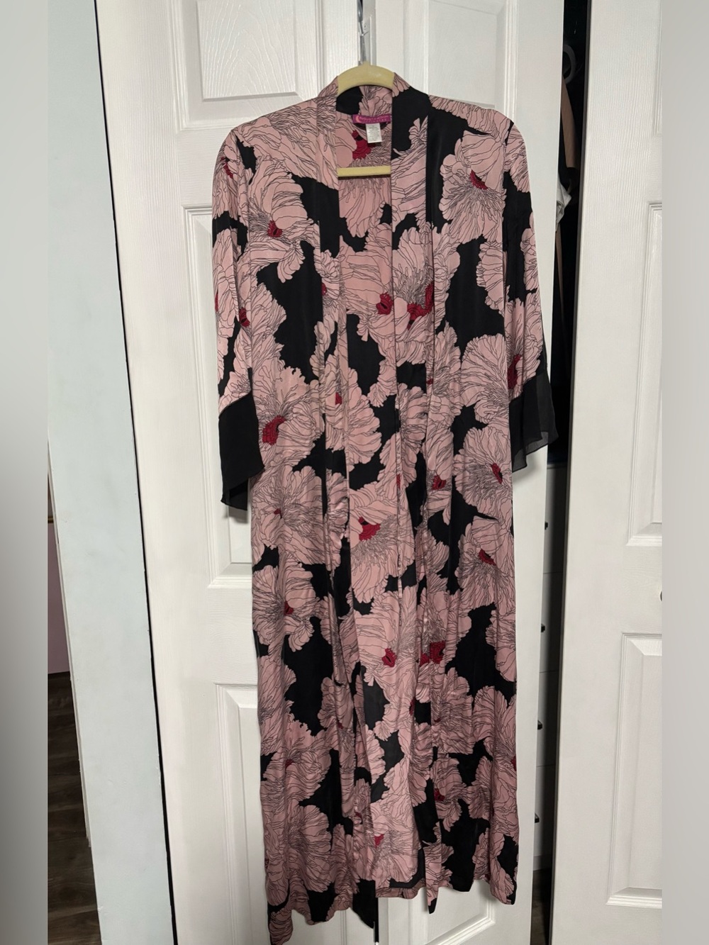 Pink and Black Floral Kimono Robe with Red Accents